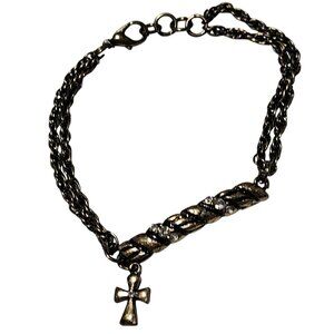 Antique Cross Charm Brass Tone Chain Bracelet Rhinestones Accent Religious Women